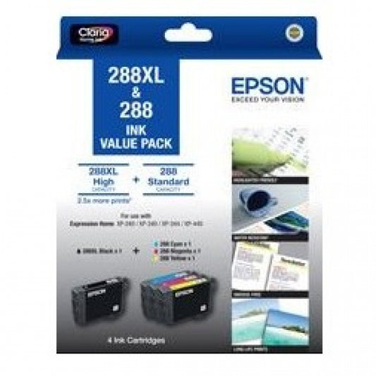 Epson Printer 288XL BK + 288 C/M/Y 4 Ink Cartridge Value Pack - C13T306696